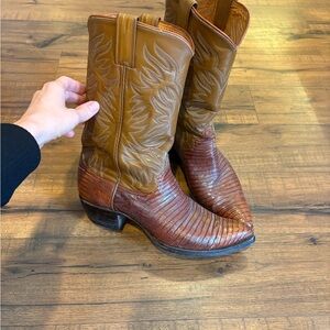 Justin Teju Lizard Boots Men Size 9.5 D Brown Exotic Leather Western Style 8301